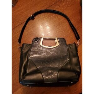 Vintage Navy Leather Cowhide Satchel purse goldtone handles  hardware crossbody